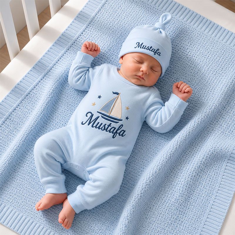 Personalized Sailboat Baby Romper & Cap Set