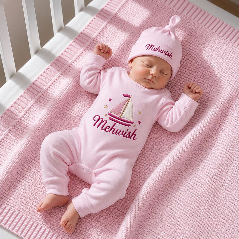 Personalized Sailboat Baby Romper & Cap Set