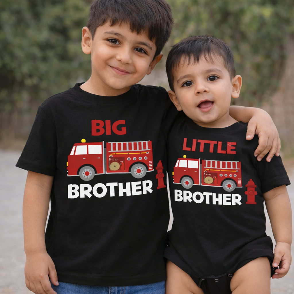 Big & Little Brother Fire Truck Sibling T-Shirt & Romper Set