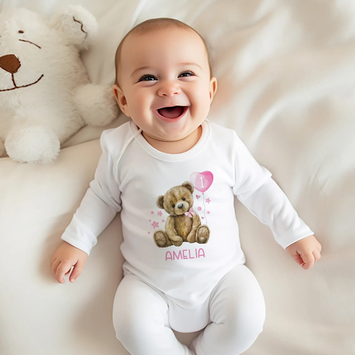 Customised First Birthday Teddy Bear and Pink Balloon Shirt & Onesie