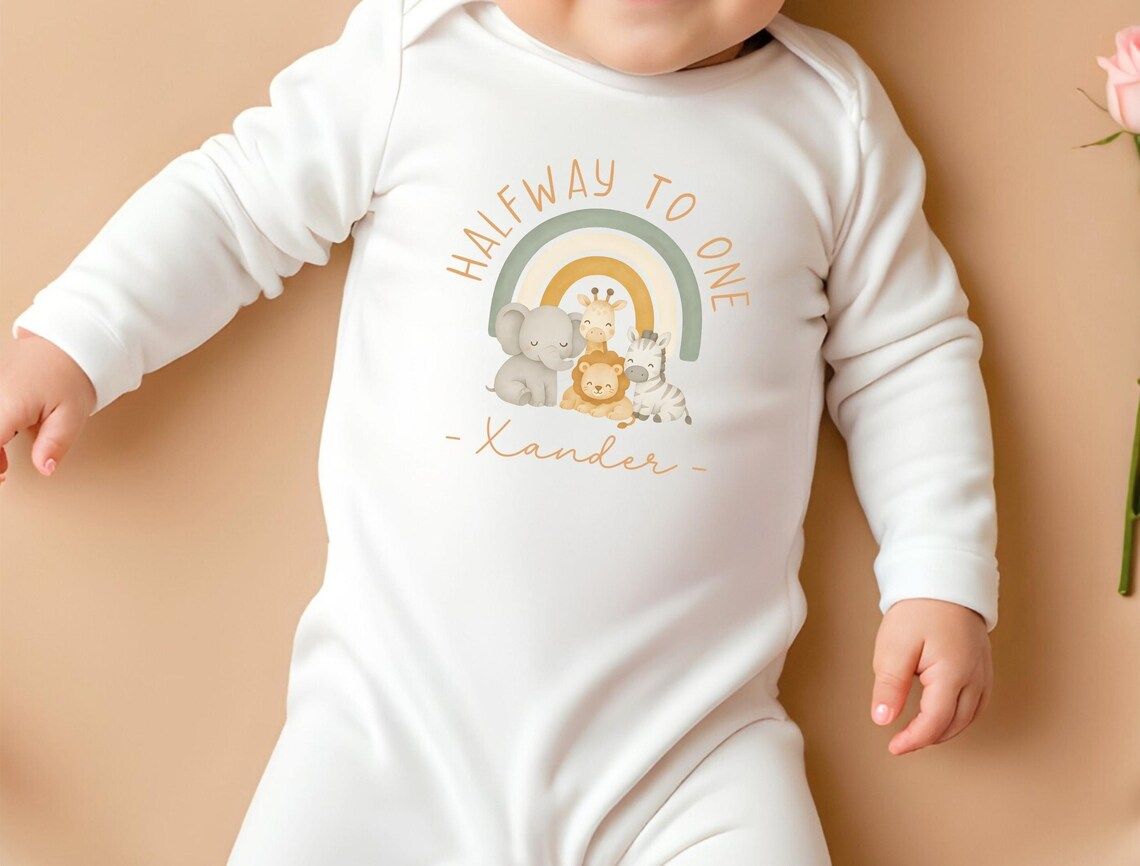 Half Birthday Baby Rainbow Animal Romper With Cap
