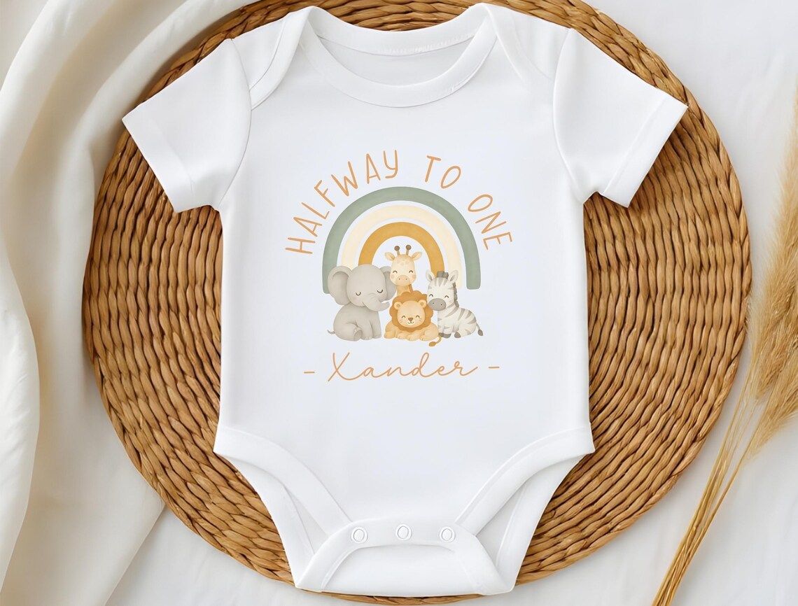 Half Birthday Baby Rainbow Animal Romper With Cap