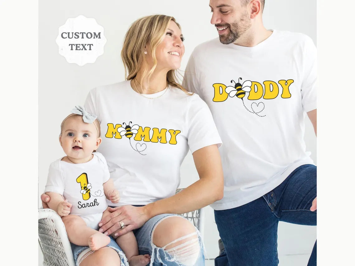 Customised  Bee 1st Birthday Matching Family Shirts & Romper