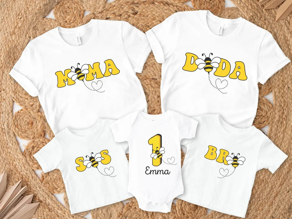Customised  Bee 1st Birthday Matching Family Shirts & Romper