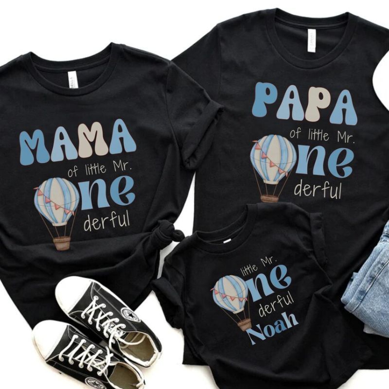 Personalized Blue Hot Air Balloon Birthday Family Matching Shirts & Romper