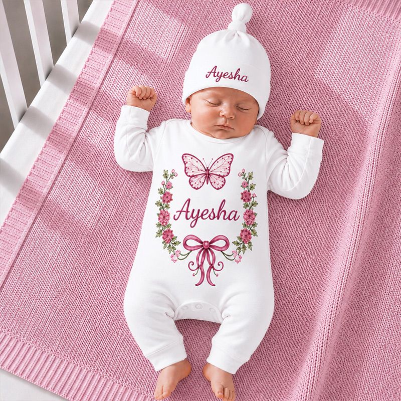 Personalized Butterfly Floral Baby Romper with Cap