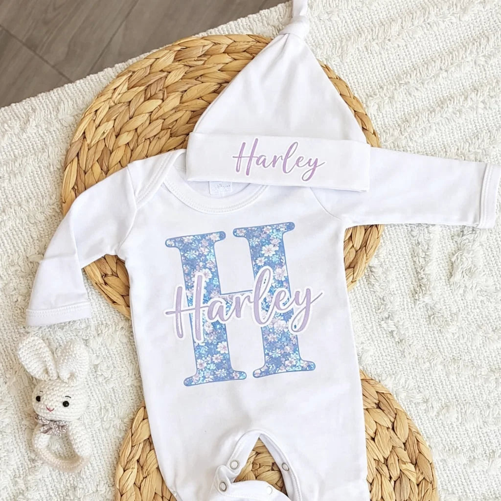 Personalized Name Floral Romper with Cap