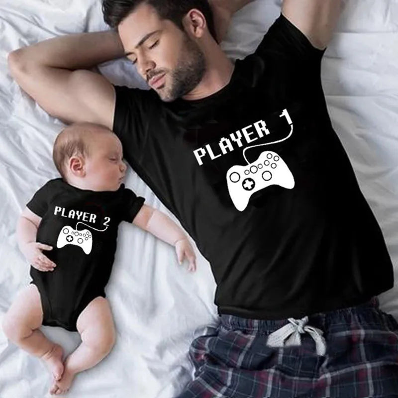 Player Printed T-Shirt for Daddy and Romper for Baby