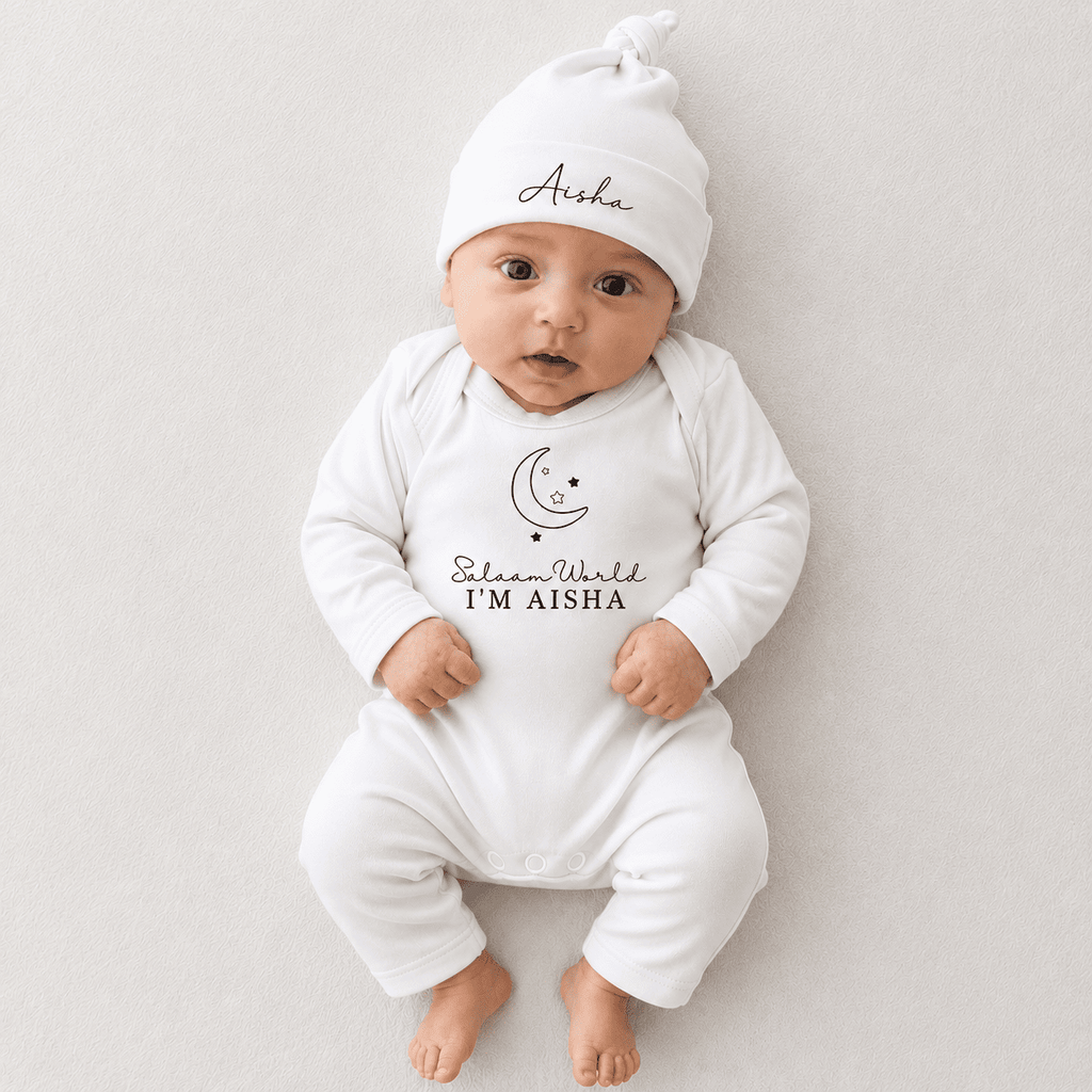 Salaam World Name Announcement Full Body Romper and Cap