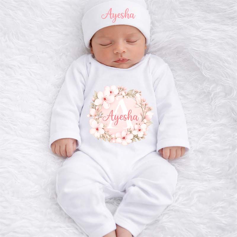 Personalized Name Floral Romper with Cap