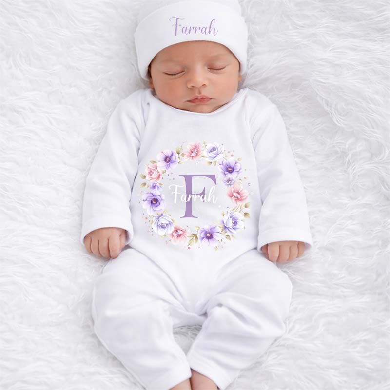 Custom Name Floral Lilac Romper with Cap