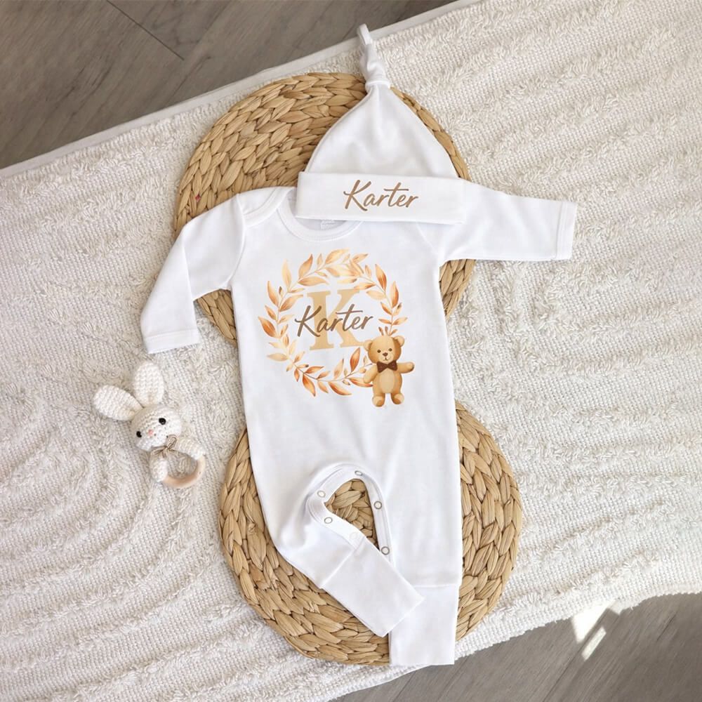 Name Initial Teddy Bear Romper with Cap