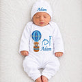 Personalized Hot Air Balloon Teddy Bear Baby Onesie & Beanie Set